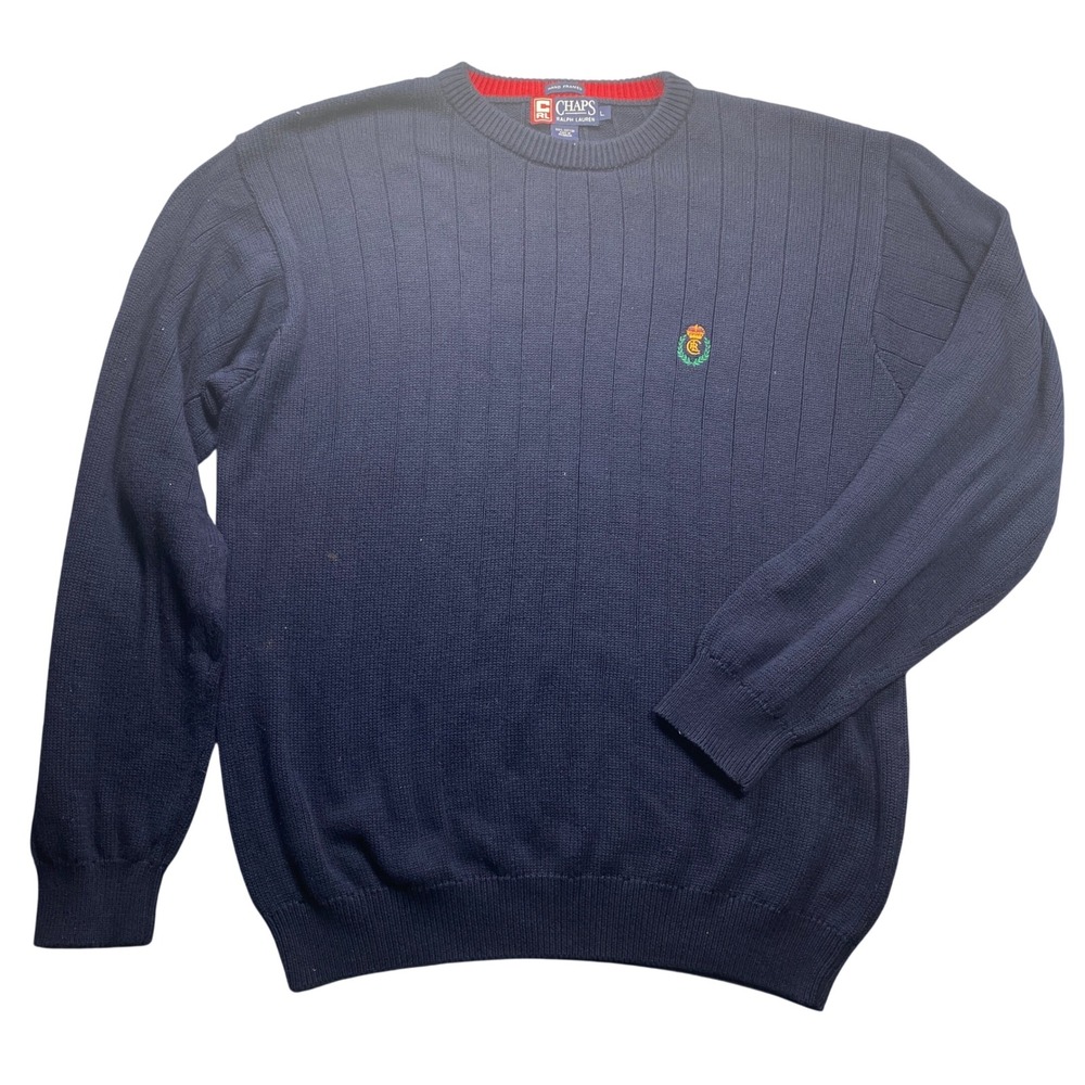 Vintage Chaps Ralph Lauren Navy Blue Ribbed Cotton Crest Sweater Mens Large READ